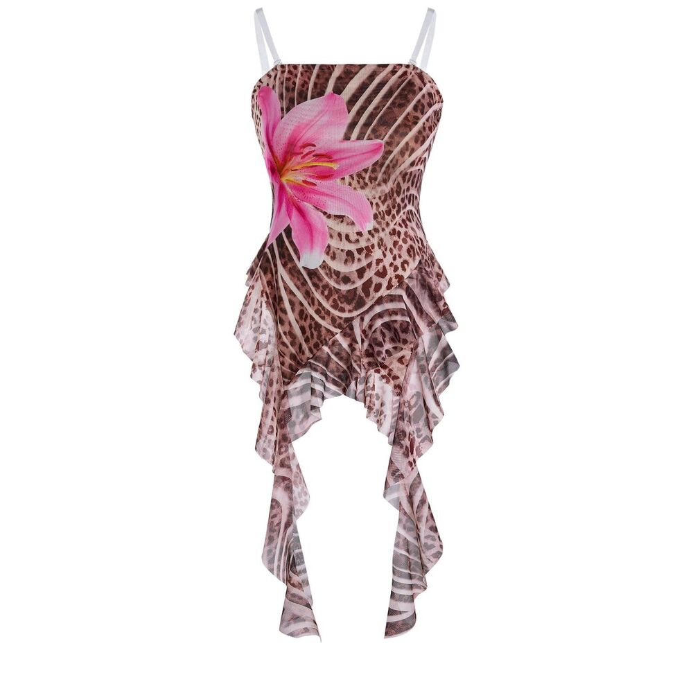 Women's Cheetah Floral Ruffle Tube Top Y2K Strapless Backless Fitted Blouse XS